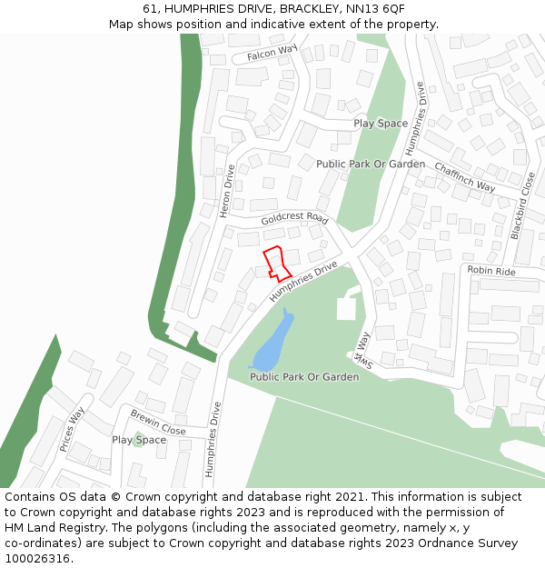 61, HUMPHRIES DRIVE, BRACKLEY, NN13 6QF: Location map and indicative extent of plot