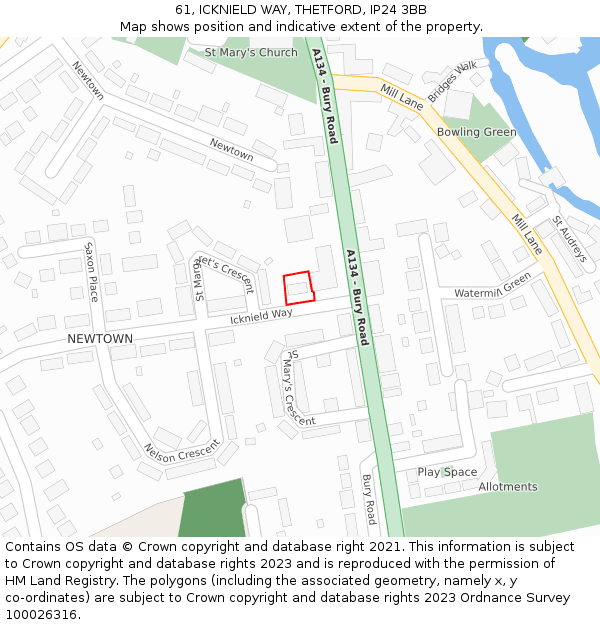 61, ICKNIELD WAY, THETFORD, IP24 3BB: Location map and indicative extent of plot