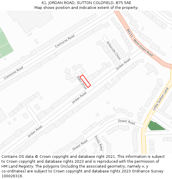 61, JORDAN ROAD, SUTTON COLDFIELD, B75 5AE: Location map and indicative extent of plot
