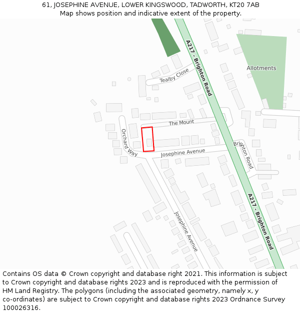 61, JOSEPHINE AVENUE, LOWER KINGSWOOD, TADWORTH, KT20 7AB: Location map and indicative extent of plot