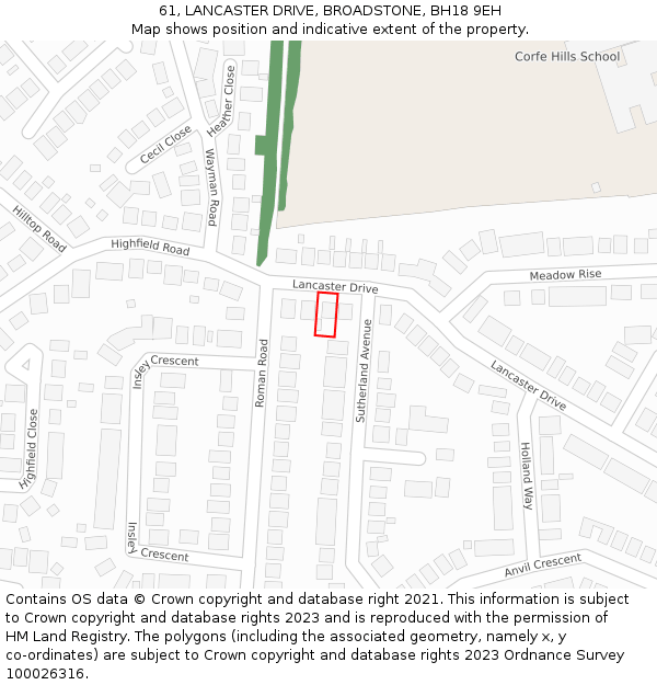 61, LANCASTER DRIVE, BROADSTONE, BH18 9EH: Location map and indicative extent of plot