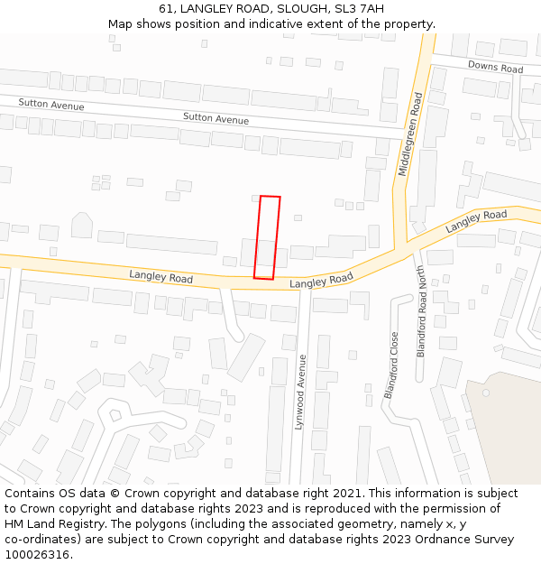 61, LANGLEY ROAD, SLOUGH, SL3 7AH: Location map and indicative extent of plot