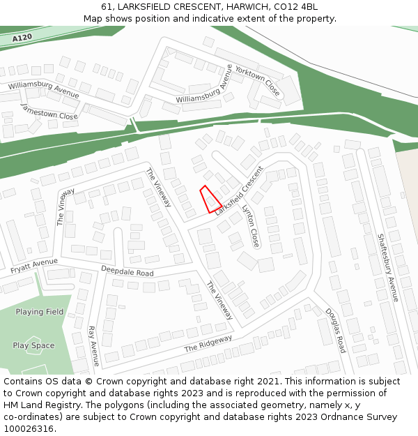 61, LARKSFIELD CRESCENT, HARWICH, CO12 4BL: Location map and indicative extent of plot