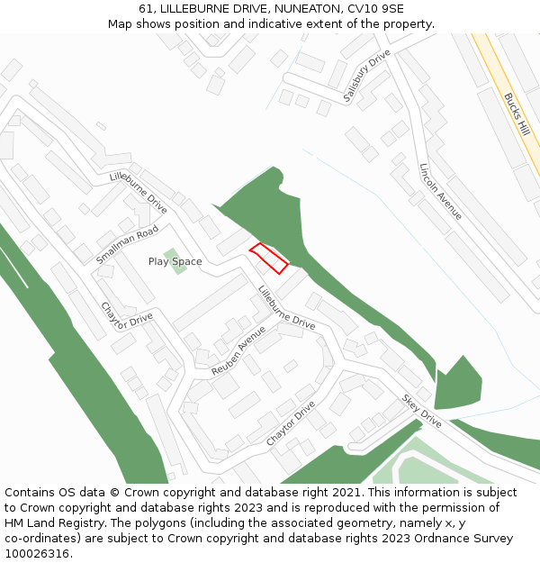 61, LILLEBURNE DRIVE, NUNEATON, CV10 9SE: Location map and indicative extent of plot