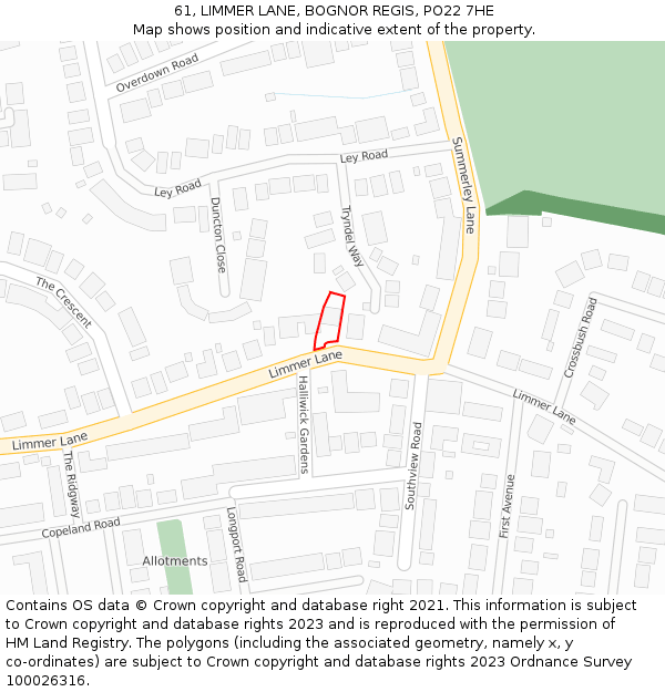 61, LIMMER LANE, BOGNOR REGIS, PO22 7HE: Location map and indicative extent of plot