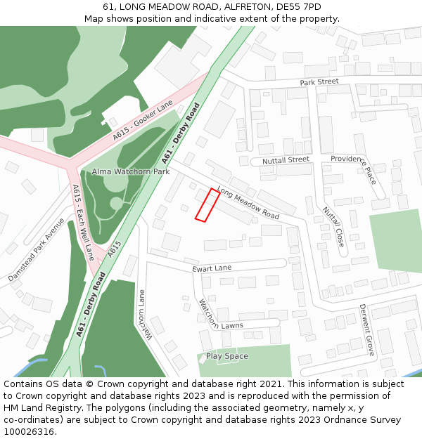 61, LONG MEADOW ROAD, ALFRETON, DE55 7PD: Location map and indicative extent of plot