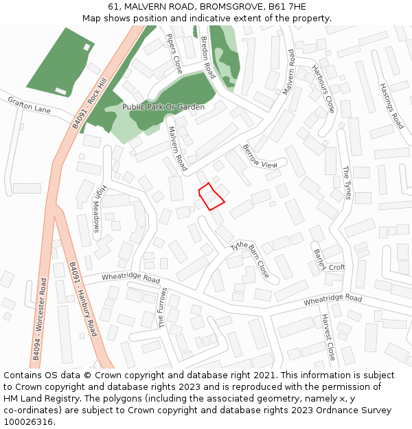 61, MALVERN ROAD, BROMSGROVE, B61 7HE: Location map and indicative extent of plot