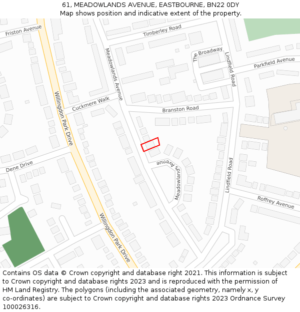 61, MEADOWLANDS AVENUE, EASTBOURNE, BN22 0DY: Location map and indicative extent of plot