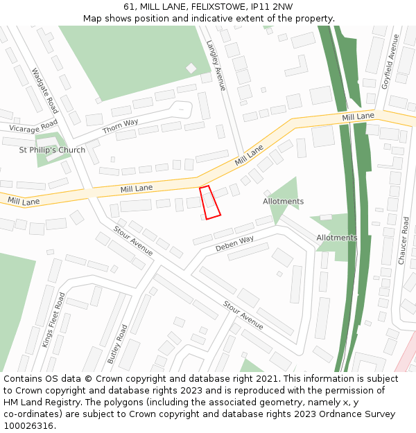 61, MILL LANE, FELIXSTOWE, IP11 2NW: Location map and indicative extent of plot