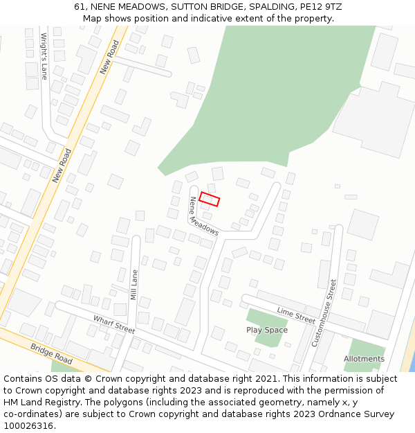 61, NENE MEADOWS, SUTTON BRIDGE, SPALDING, PE12 9TZ: Location map and indicative extent of plot