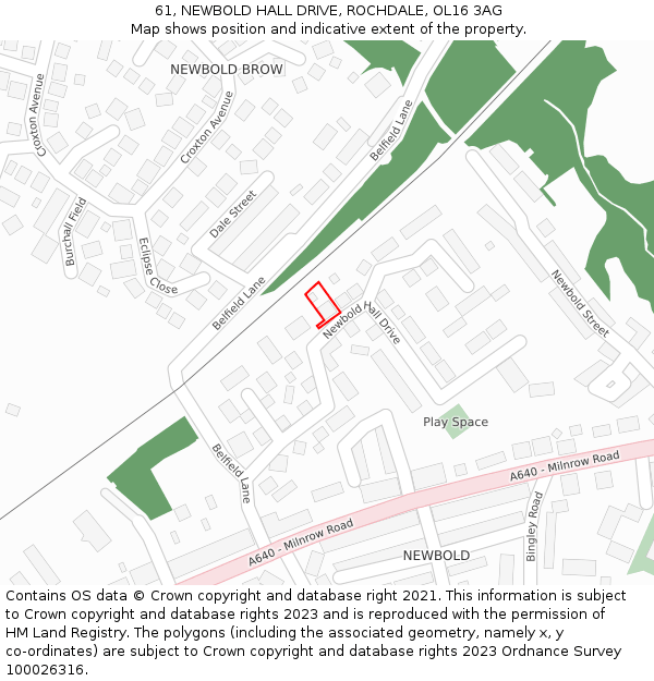 61, NEWBOLD HALL DRIVE, ROCHDALE, OL16 3AG: Location map and indicative extent of plot