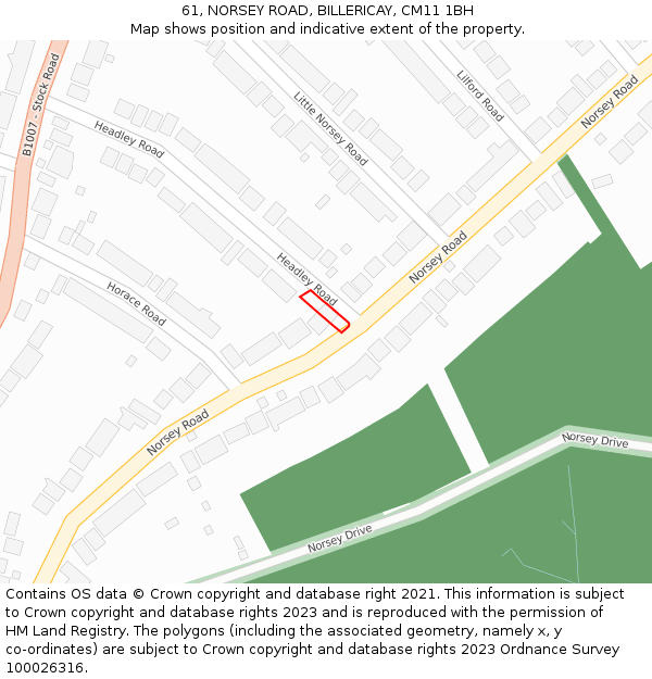 61, NORSEY ROAD, BILLERICAY, CM11 1BH: Location map and indicative extent of plot