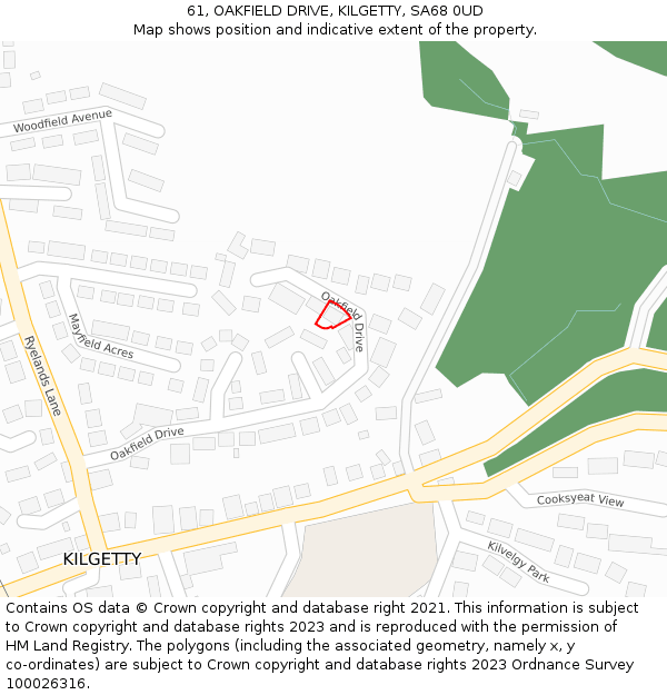 61, OAKFIELD DRIVE, KILGETTY, SA68 0UD: Location map and indicative extent of plot