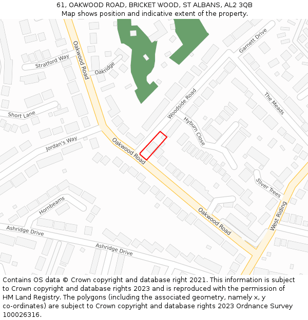 61, OAKWOOD ROAD, BRICKET WOOD, ST ALBANS, AL2 3QB: Location map and indicative extent of plot