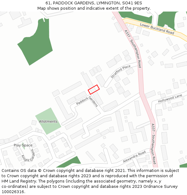 61, PADDOCK GARDENS, LYMINGTON, SO41 9ES: Location map and indicative extent of plot