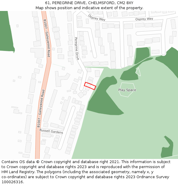 61, PEREGRINE DRIVE, CHELMSFORD, CM2 8XY: Location map and indicative extent of plot