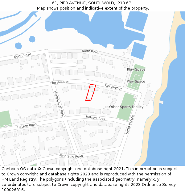 61, PIER AVENUE, SOUTHWOLD, IP18 6BL: Location map and indicative extent of plot