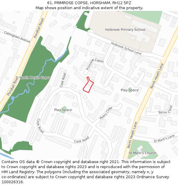 61, PRIMROSE COPSE, HORSHAM, RH12 5PZ: Location map and indicative extent of plot
