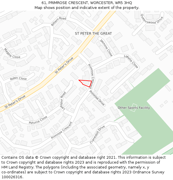 61, PRIMROSE CRESCENT, WORCESTER, WR5 3HQ: Location map and indicative extent of plot