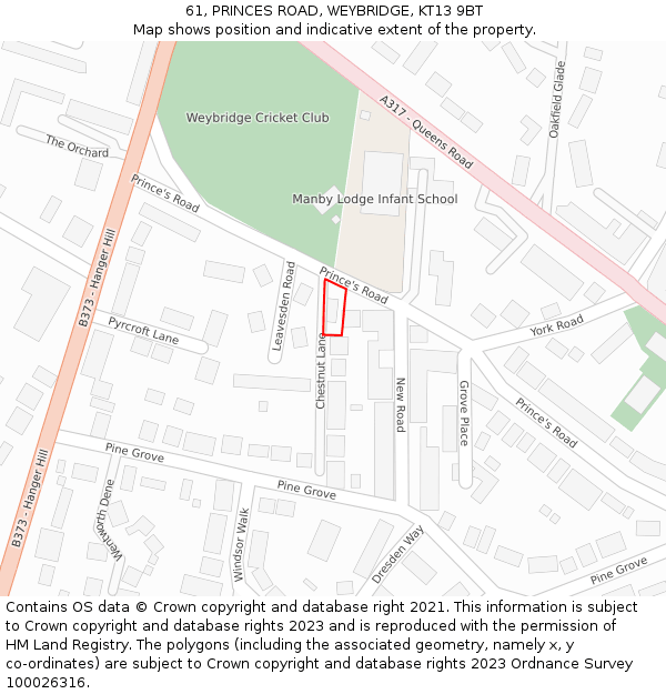 61, PRINCES ROAD, WEYBRIDGE, KT13 9BT: Location map and indicative extent of plot