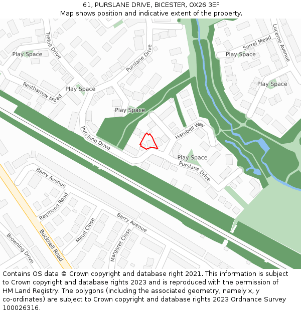 61, PURSLANE DRIVE, BICESTER, OX26 3EF: Location map and indicative extent of plot