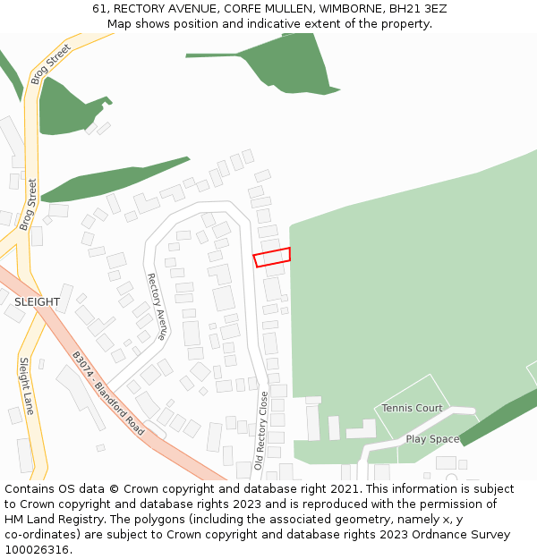 61, RECTORY AVENUE, CORFE MULLEN, WIMBORNE, BH21 3EZ: Location map and indicative extent of plot