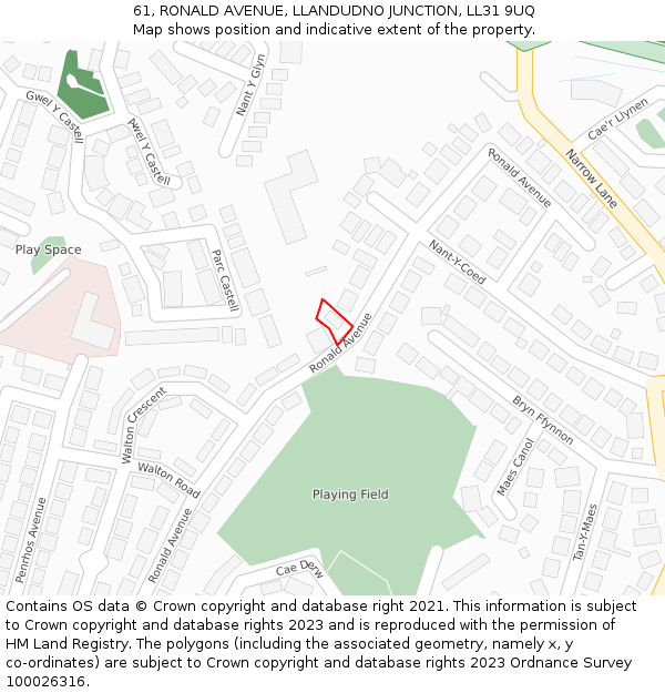 61, RONALD AVENUE, LLANDUDNO JUNCTION, LL31 9UQ: Location map and indicative extent of plot