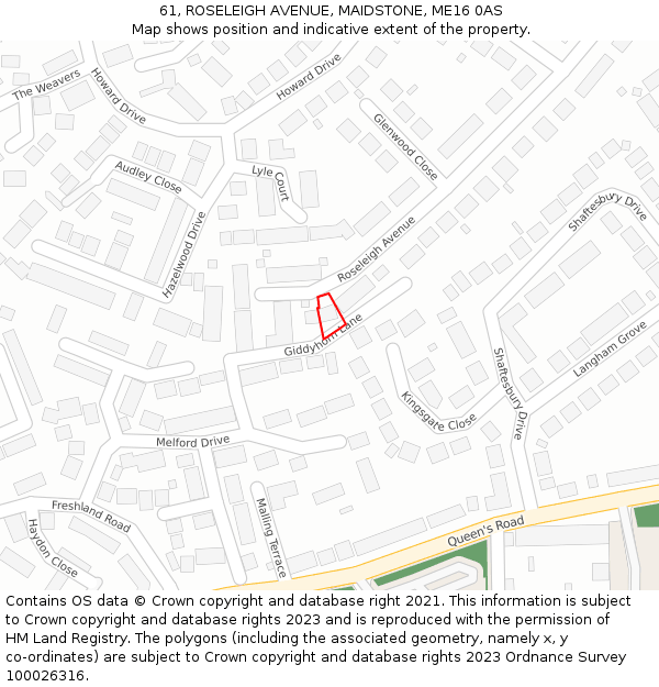 61, ROSELEIGH AVENUE, MAIDSTONE, ME16 0AS: Location map and indicative extent of plot