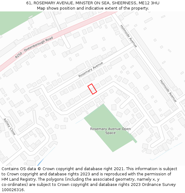 61, ROSEMARY AVENUE, MINSTER ON SEA, SHEERNESS, ME12 3HU: Location map and indicative extent of plot