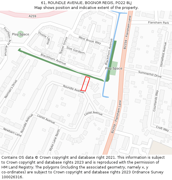 61, ROUNDLE AVENUE, BOGNOR REGIS, PO22 8LJ: Location map and indicative extent of plot