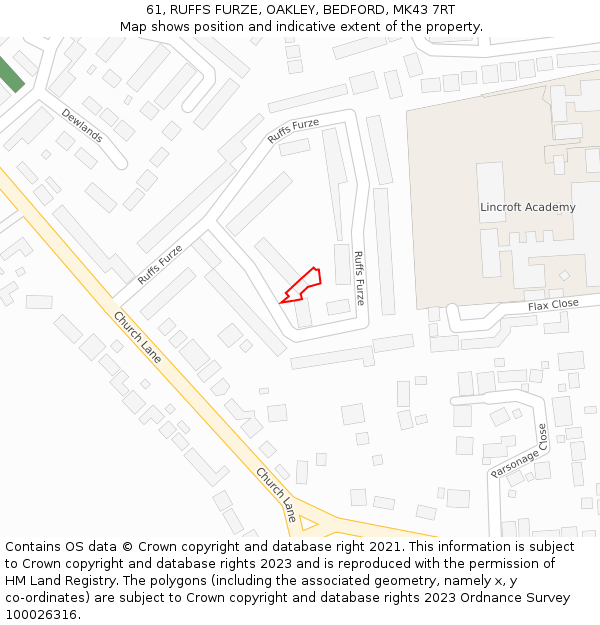 61, RUFFS FURZE, OAKLEY, BEDFORD, MK43 7RT: Location map and indicative extent of plot