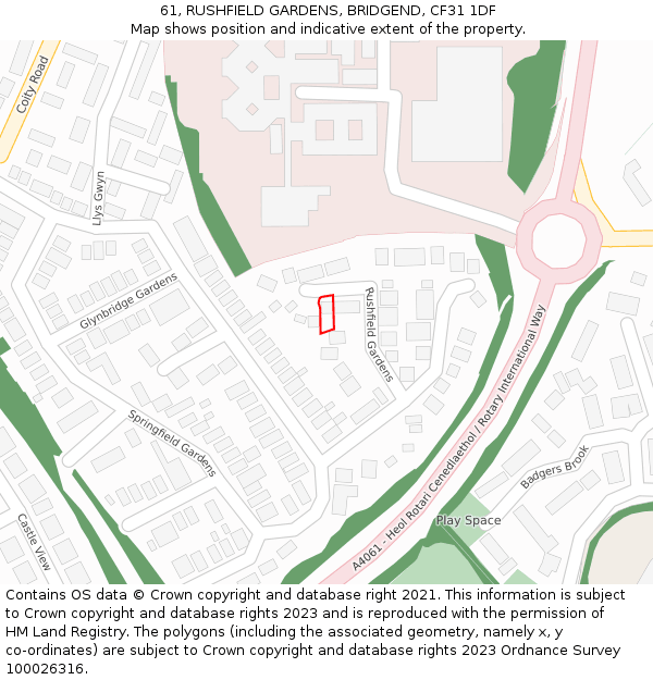 61, RUSHFIELD GARDENS, BRIDGEND, CF31 1DF: Location map and indicative extent of plot