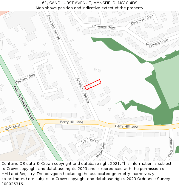 61, SANDHURST AVENUE, MANSFIELD, NG18 4BS: Location map and indicative extent of plot