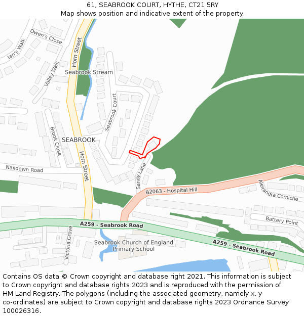 61, SEABROOK COURT, HYTHE, CT21 5RY: Location map and indicative extent of plot