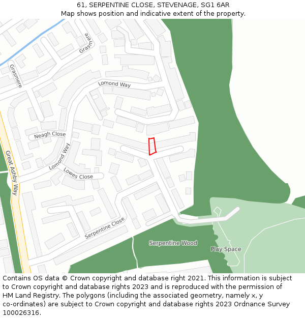 61, SERPENTINE CLOSE, STEVENAGE, SG1 6AR: Location map and indicative extent of plot