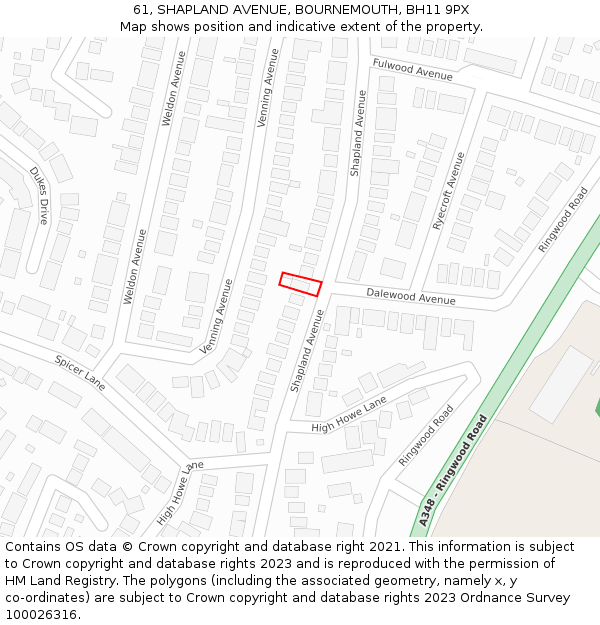 61, SHAPLAND AVENUE, BOURNEMOUTH, BH11 9PX: Location map and indicative extent of plot