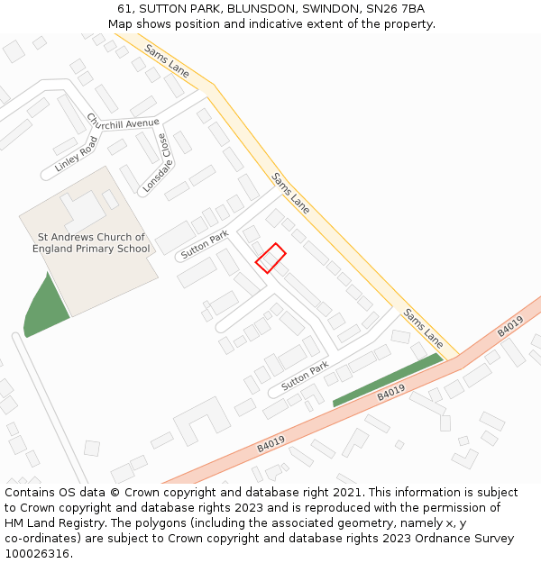 61, SUTTON PARK, BLUNSDON, SWINDON, SN26 7BA: Location map and indicative extent of plot