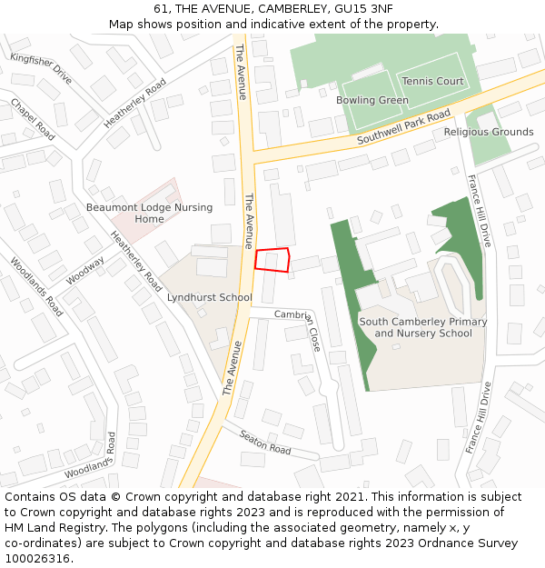 61, THE AVENUE, CAMBERLEY, GU15 3NF: Location map and indicative extent of plot