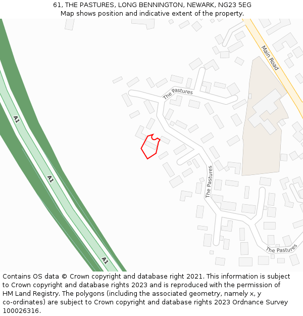 61, THE PASTURES, LONG BENNINGTON, NEWARK, NG23 5EG: Location map and indicative extent of plot