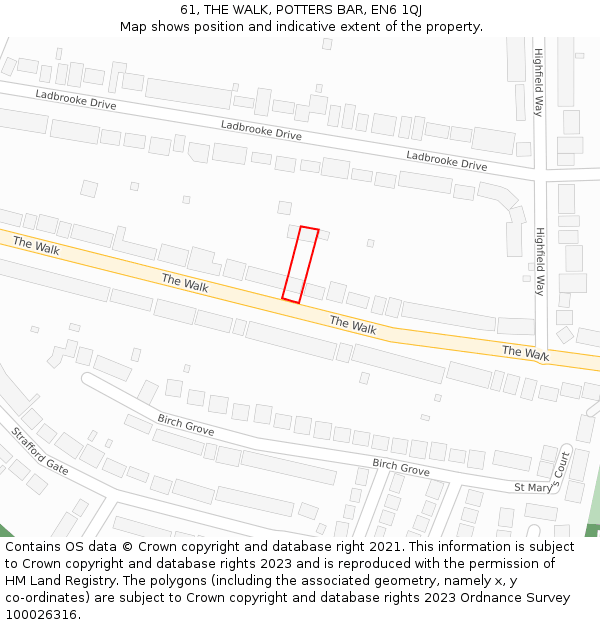 61, THE WALK, POTTERS BAR, EN6 1QJ: Location map and indicative extent of plot