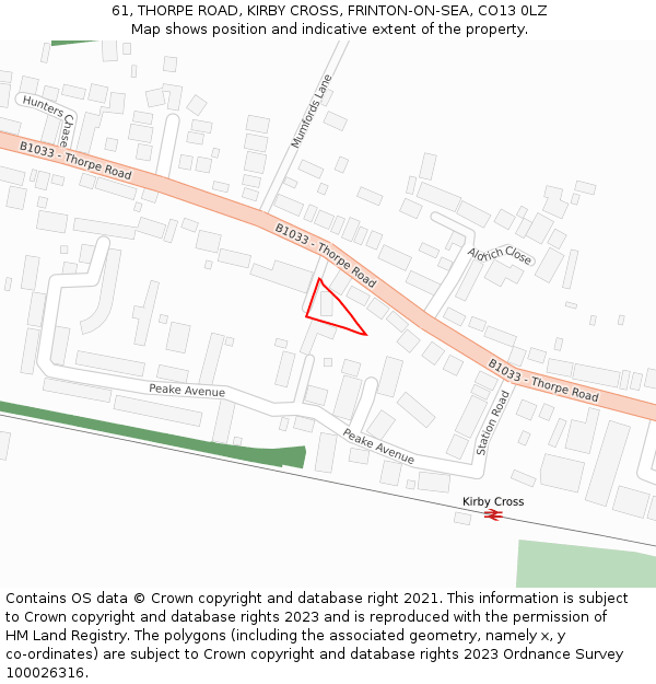 61, THORPE ROAD, KIRBY CROSS, FRINTON-ON-SEA, CO13 0LZ: Location map and indicative extent of plot