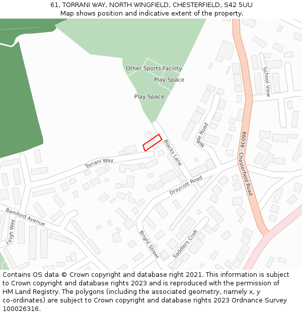 61, TORRANI WAY, NORTH WINGFIELD, CHESTERFIELD, S42 5UU: Location map and indicative extent of plot