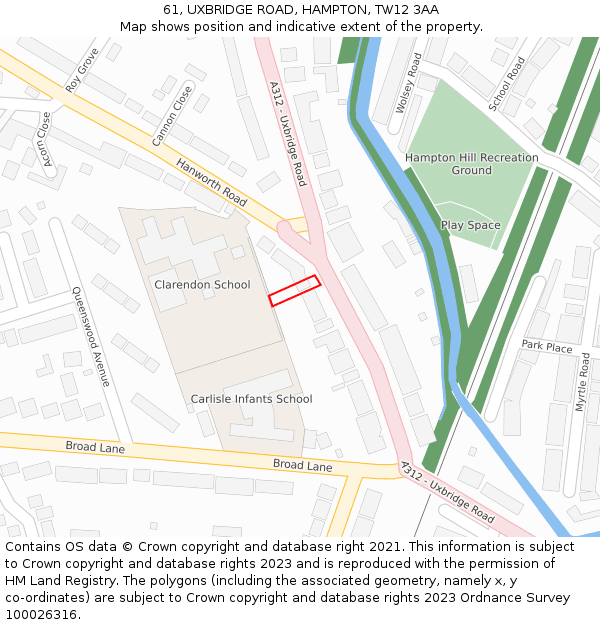 61, UXBRIDGE ROAD, HAMPTON, TW12 3AA: Location map and indicative extent of plot