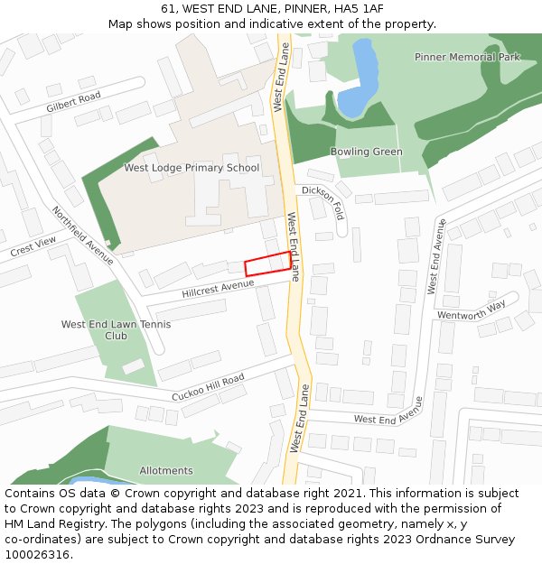 61, WEST END LANE, PINNER, HA5 1AF: Location map and indicative extent of plot