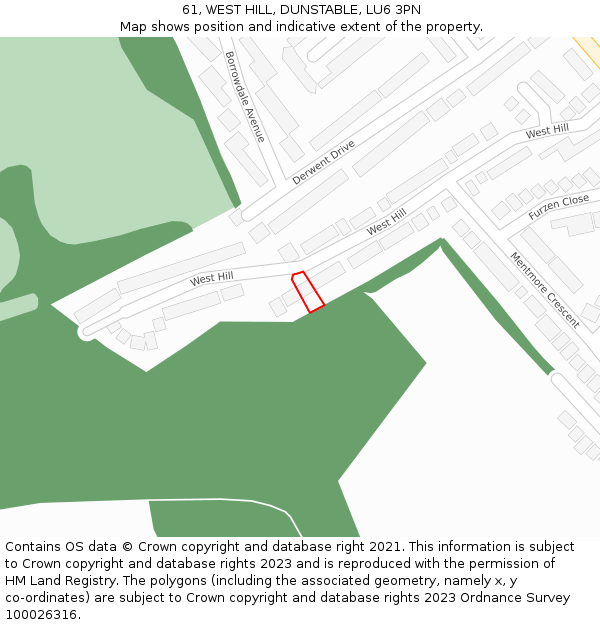 61, WEST HILL, DUNSTABLE, LU6 3PN: Location map and indicative extent of plot