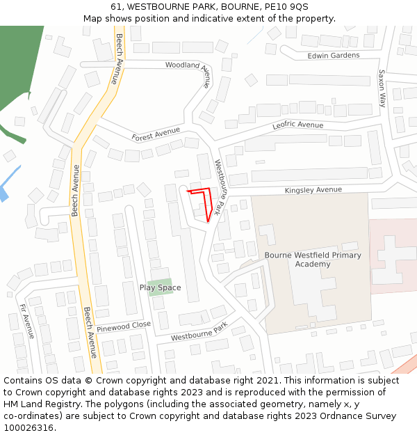 61, WESTBOURNE PARK, BOURNE, PE10 9QS: Location map and indicative extent of plot