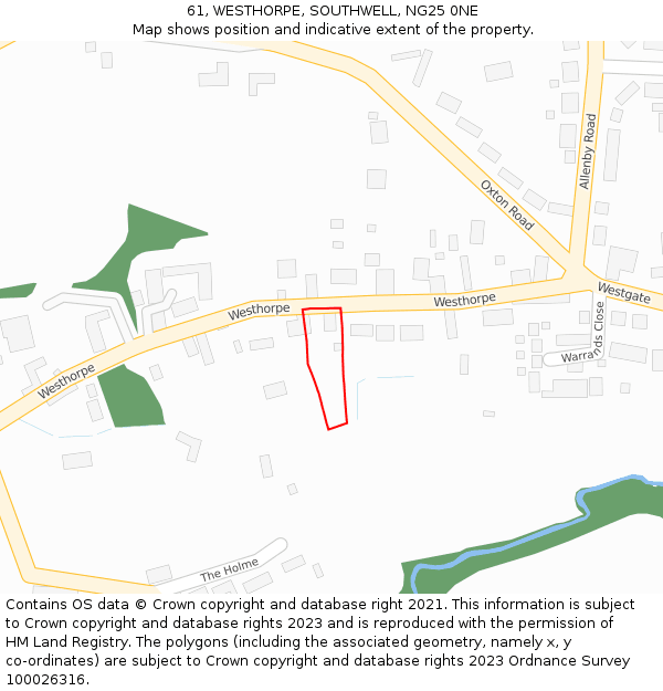 61, WESTHORPE, SOUTHWELL, NG25 0NE: Location map and indicative extent of plot