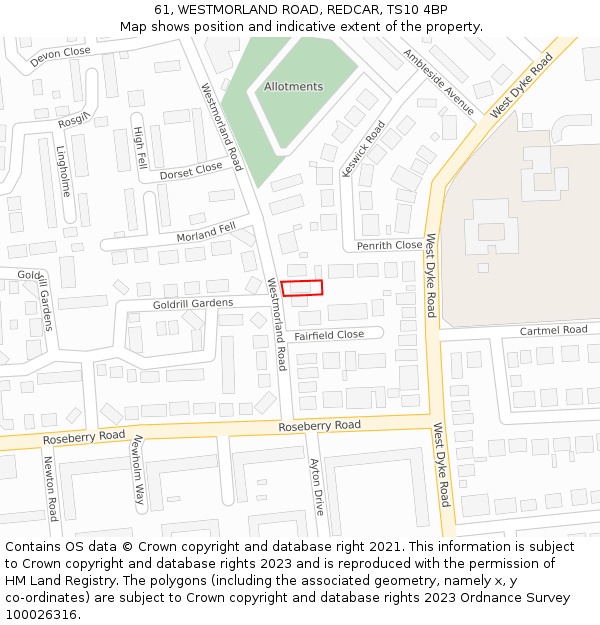 61, WESTMORLAND ROAD, REDCAR, TS10 4BP: Location map and indicative extent of plot