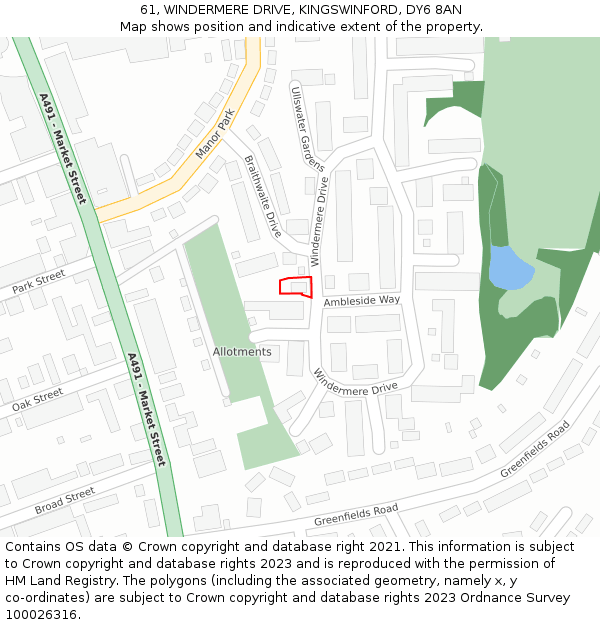 61, WINDERMERE DRIVE, KINGSWINFORD, DY6 8AN: Location map and indicative extent of plot