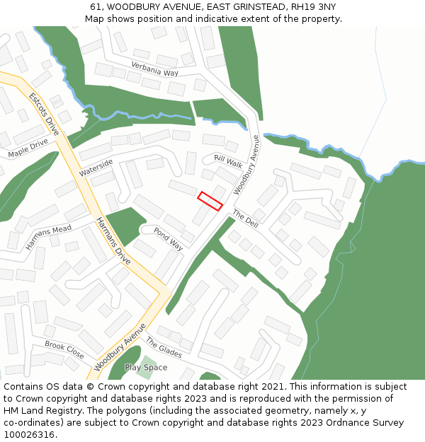 61, WOODBURY AVENUE, EAST GRINSTEAD, RH19 3NY: Location map and indicative extent of plot